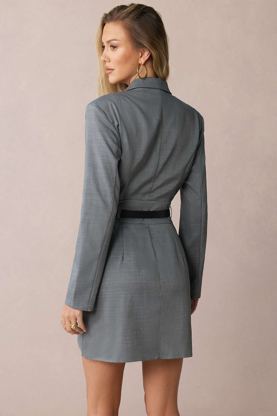 Asymmetrical Notched Lapel Belted Long Sleeve Mini Dress