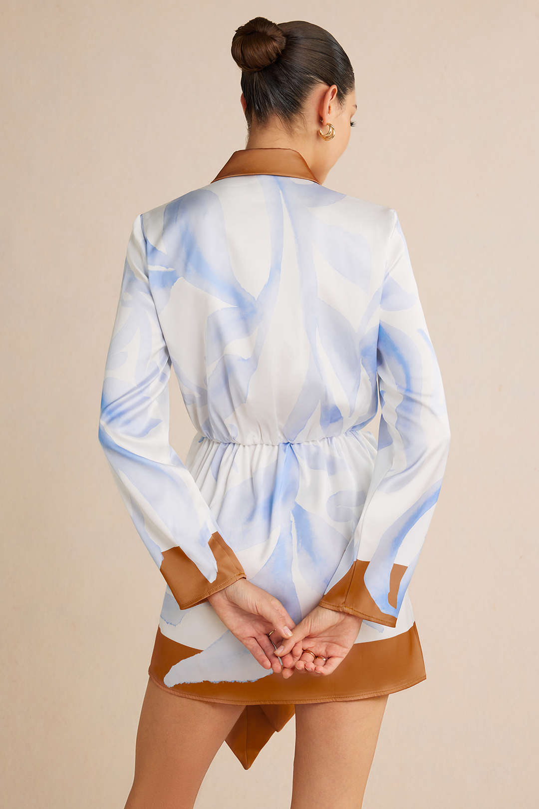 Contrast Leaves Print Satin Tie Front Long Sleeve Mini Dress