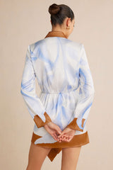 Contrast Leaves Print Satin Tie Front Long Sleeve Mini Dress