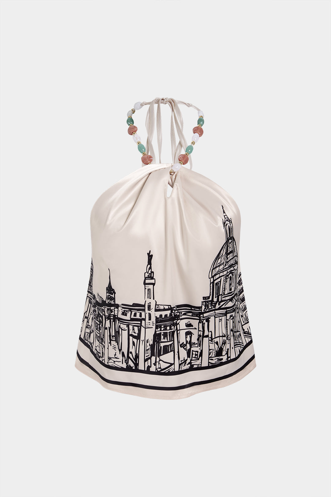Artistic Print Satin Halter Neck Backless Tie-Up Beaded Top
