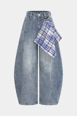 Denim Patchwork Plaid Barrel Jeans