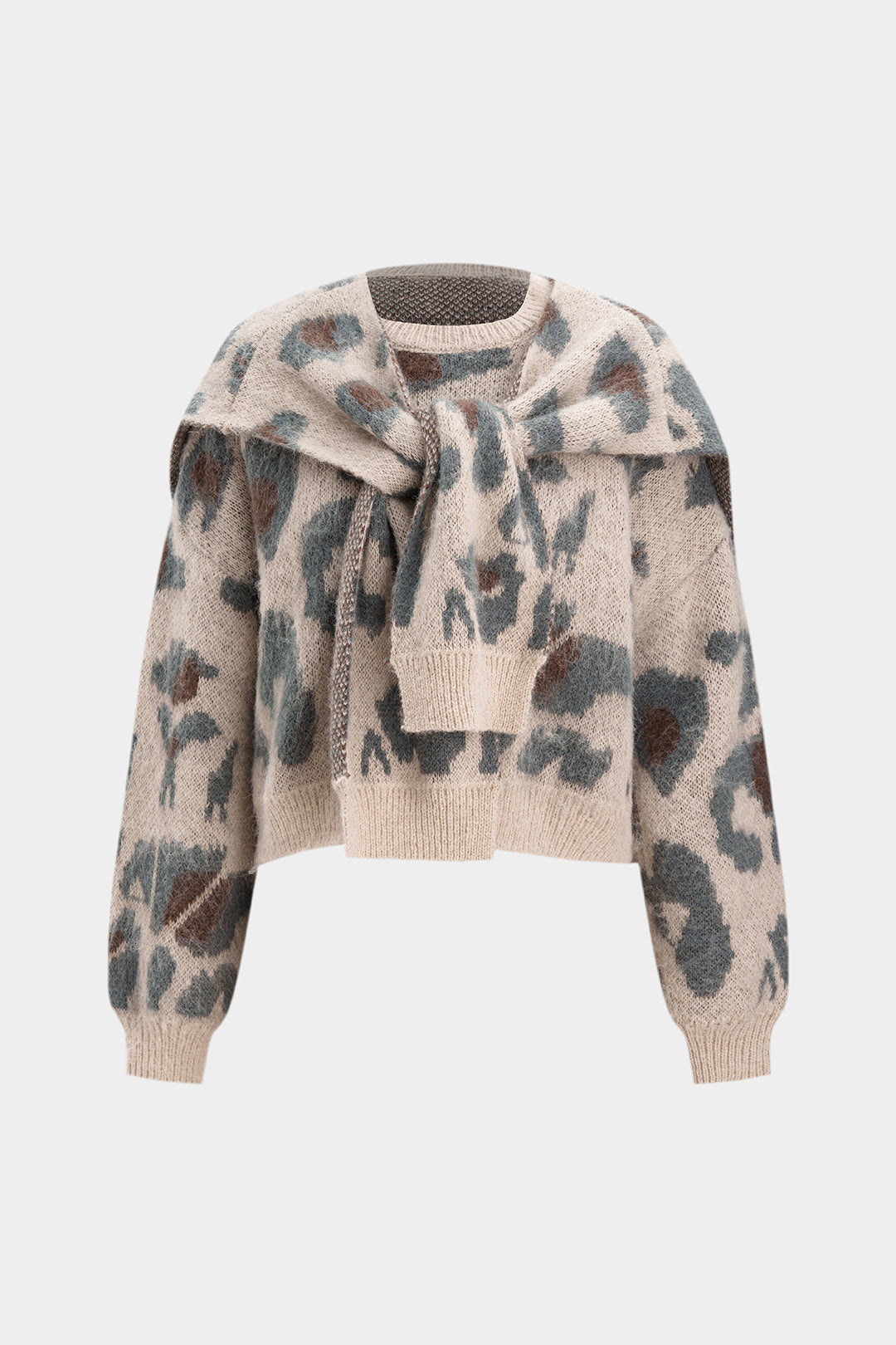 Contrast Abstract Print Knit Long-Sleeve Top With Shawl