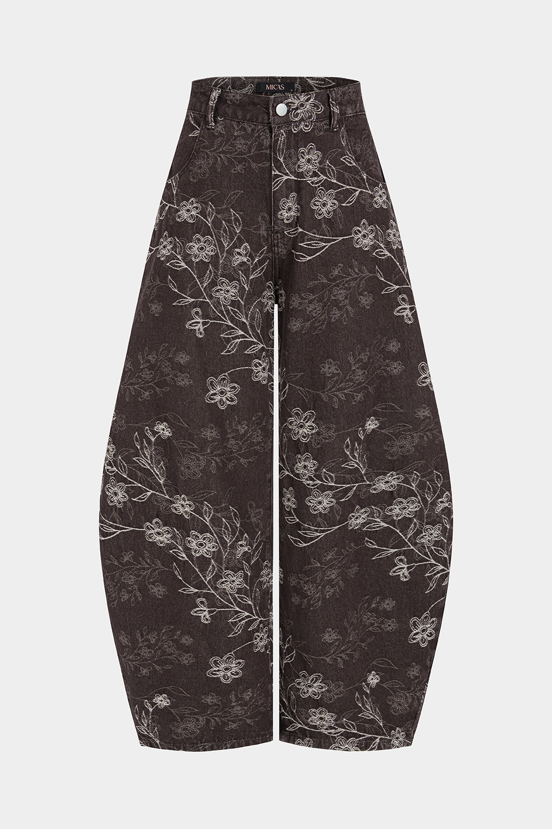 Denim Floral Embroidery Pocket Barrel Jeans