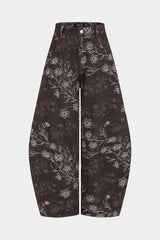 Denim Floral Embroidery Pocket Barrel Jeans