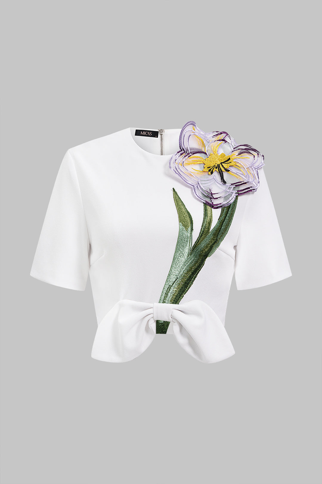 3D Floral Bow Short-Sleeve Zipper Shirt
