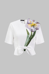 3D Floral Bow Short-Sleeve Zipper Shirt