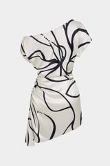 Contrast Print Satin One Shoulder Ruched Short Sleeve Mini Dress