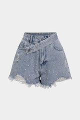 Denim Ripped Rhinestone Asymmetrical Shorts