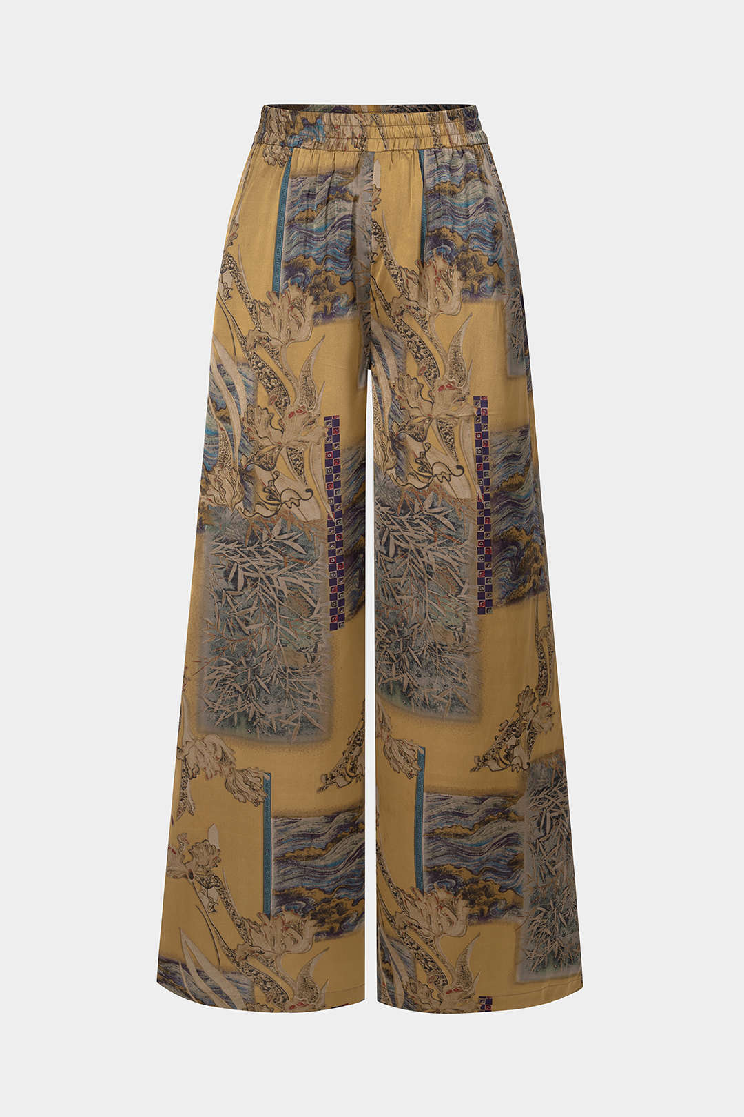 Abstract Print Satin Shirred Waistband Wide Leg Pants