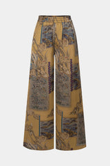 Abstract Print Satin Shirred Waistband Wide Leg Pants