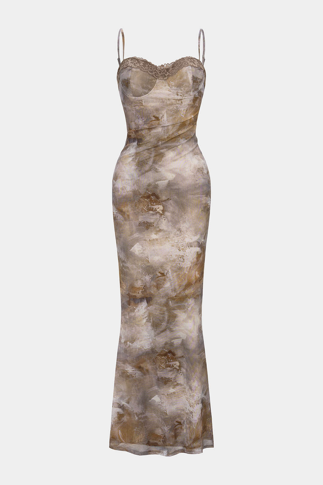 Abstract Print Patchwork Lace Trim Bustier Sleeveless Maxi Dress