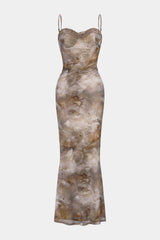 Abstract Print Patchwork Lace Trim Bustier Sleeveless Maxi Dress