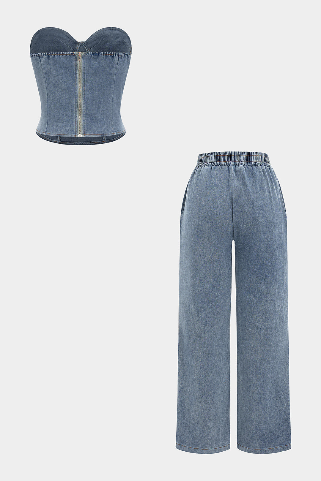 Denim Zipper Tube Top And Jeans Set
