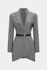 Asymmetrical Notched Lapel Belted Long Sleeve Mini Dress