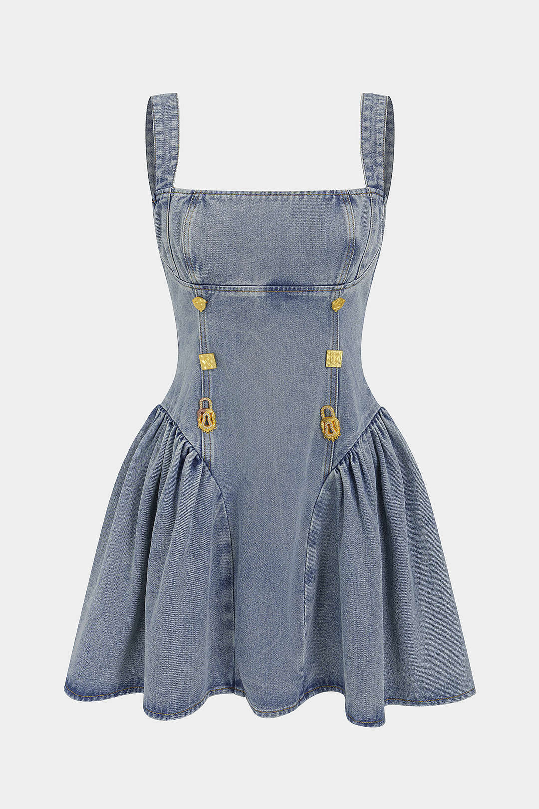 Denim Metallic Button Ruched Slip Sleeveless Mini Dress