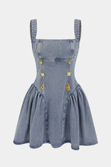 Denim Metallic Button Ruched Slip Sleeveless Mini Dress