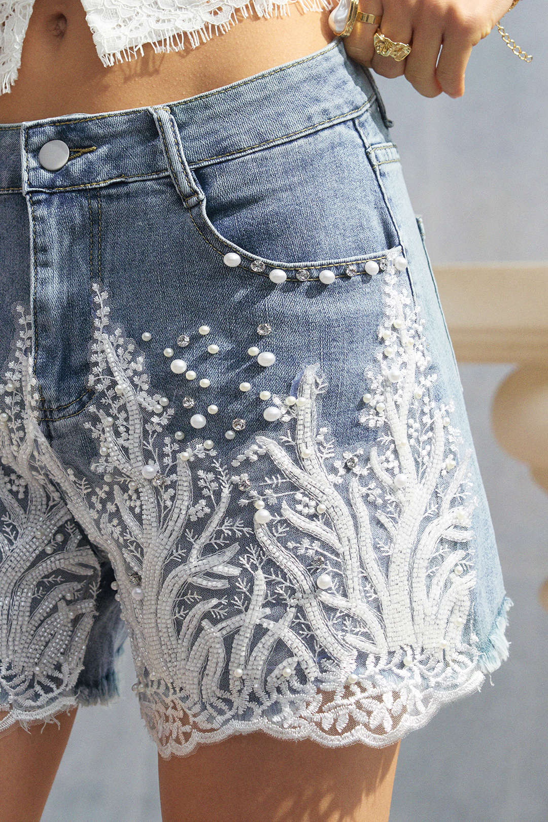 Denim Patchwork Lace Trim Wide Leg Shorts