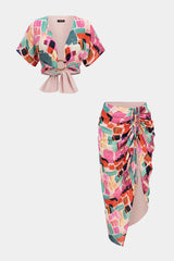 Abstract Print V-Neck Tie-Up Short Sleeves Top And Asymmetrical Drawstring Ruched Skirt Set