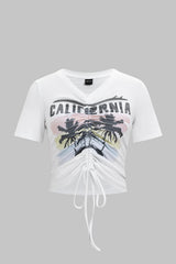 Coconut Palm Letter Print Round Neck Drawstring Ruched Short Sleeve T-Shirt