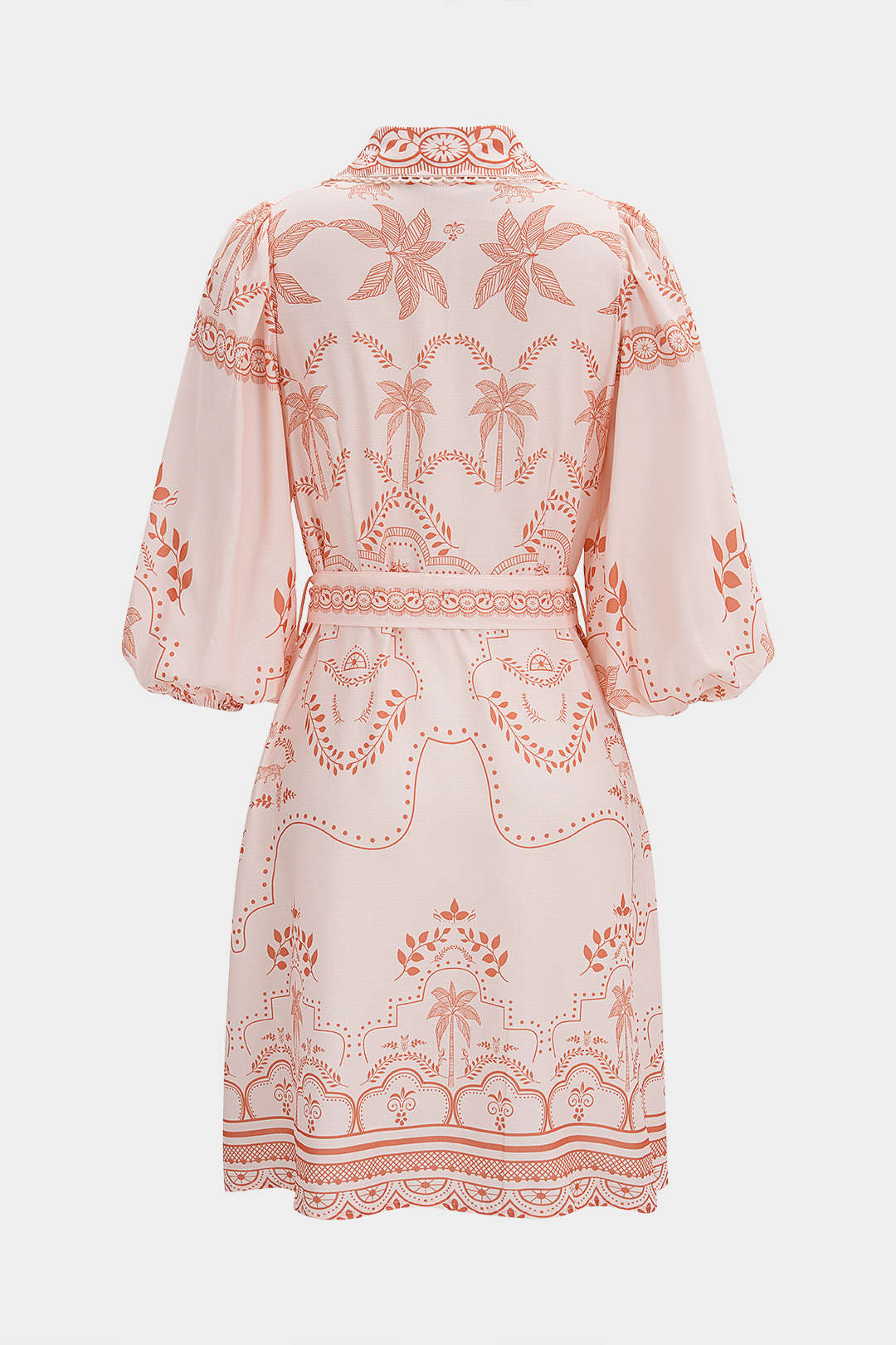 Coconut Palm Print Lapel Belted Midi Dress