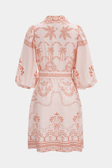 Coconut Palm Print Lapel Belted Midi Dress