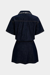 Denim Patchwork Satin Tie-Up Short Sleeve Mini Dress