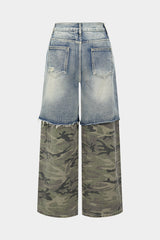 Camo Print Denim Patchwork Button Pocket Jeans