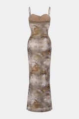 Abstract Print Patchwork Lace Trim Bustier Sleeveless Maxi Dress