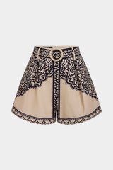 Contrast Geometric Print Belted High-Waist Shorts