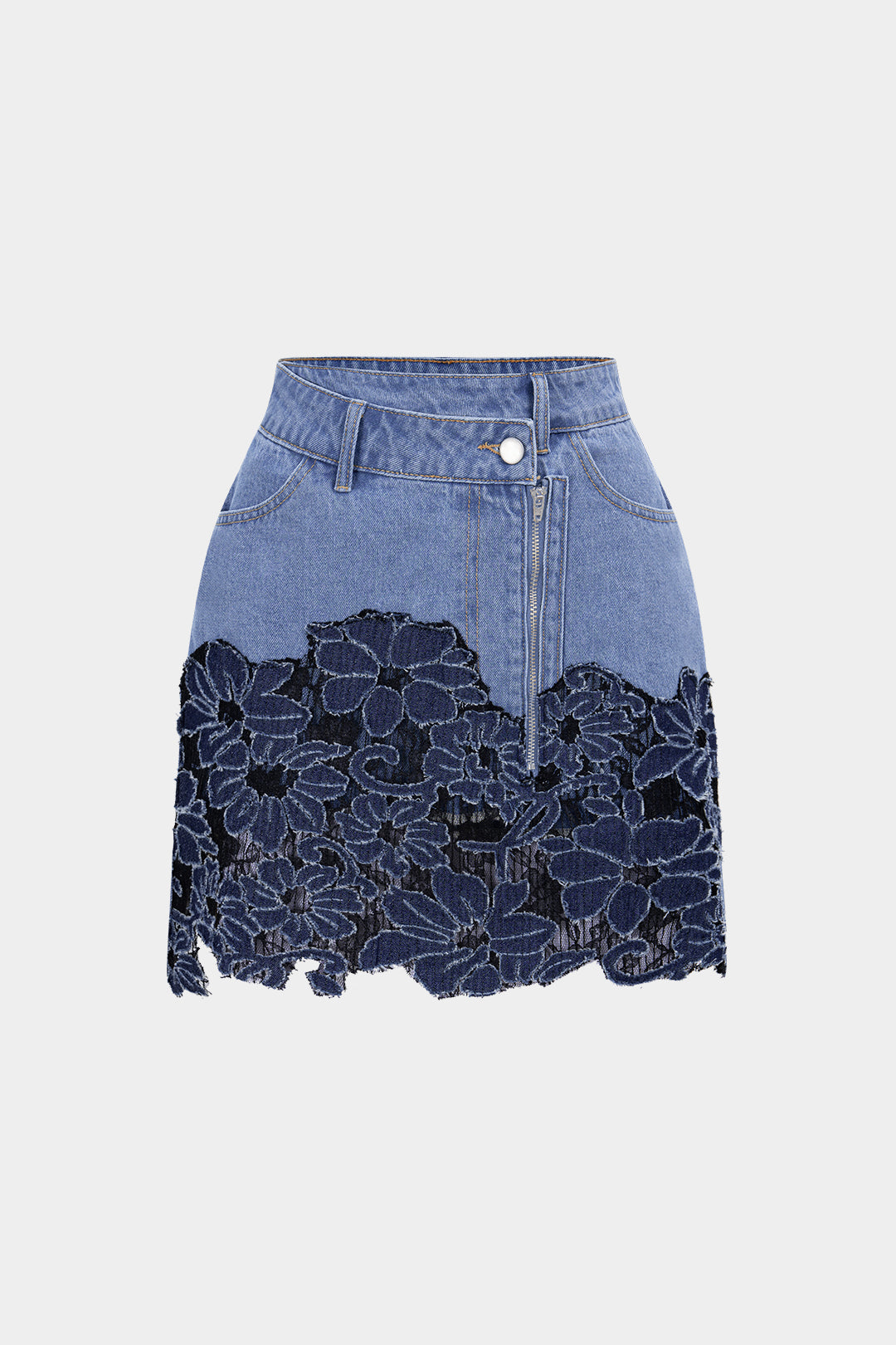 Denim Patchwork Asymmetrical Zipper Frayed Skirt
