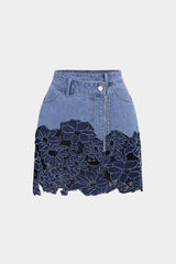 Denim Patchwork Asymmetrical Zipper Frayed Skirt