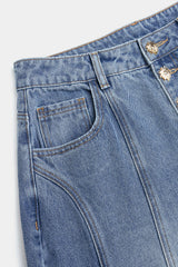 Denim Metallic Button Stitching Detail Wide-Leg Jeans