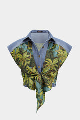 Denim Patchwork Coconut Palm Print Tie-Up Vest