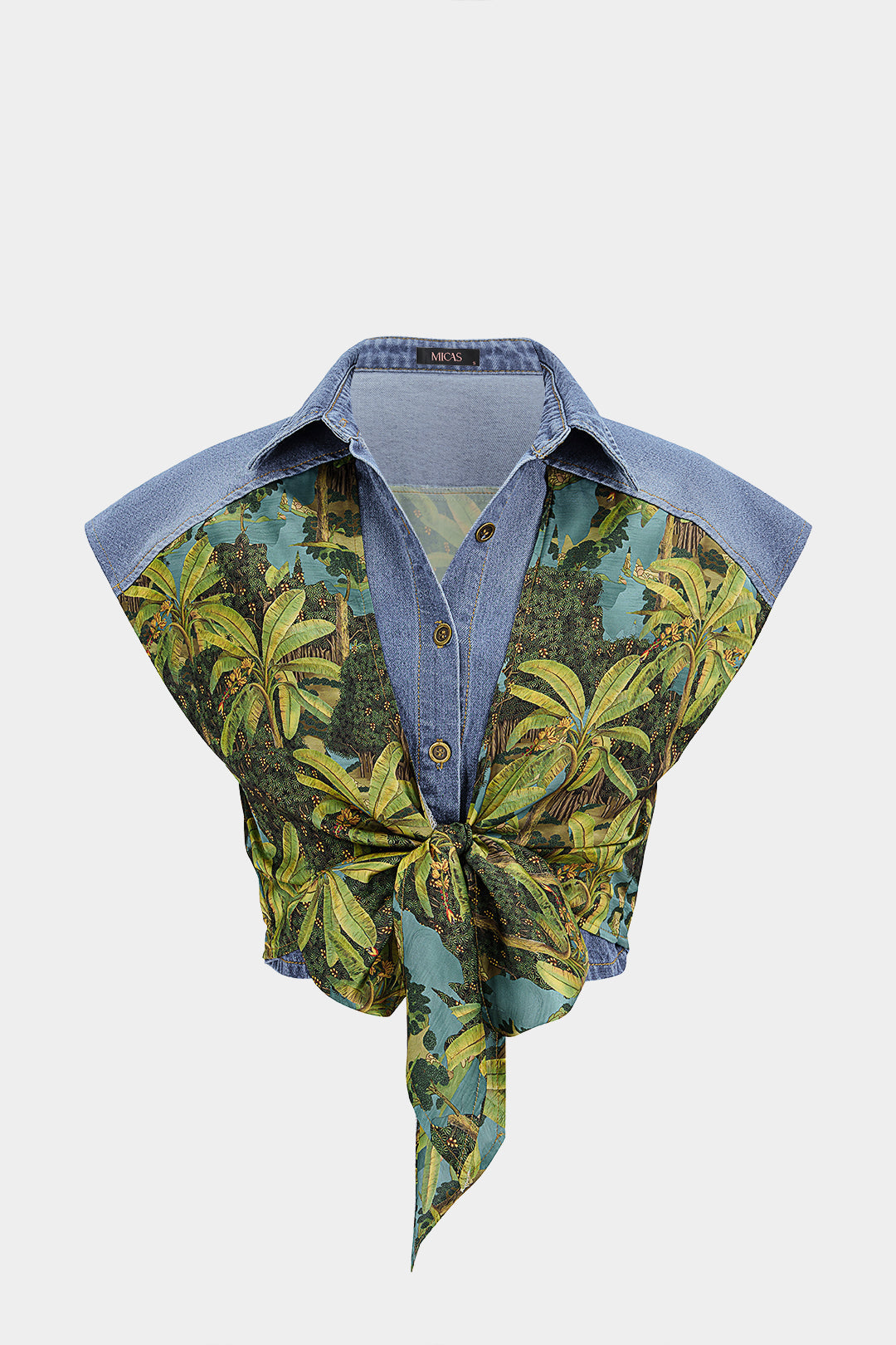 Denim Patchwork Coconut Palm Print Tie-Up Vest