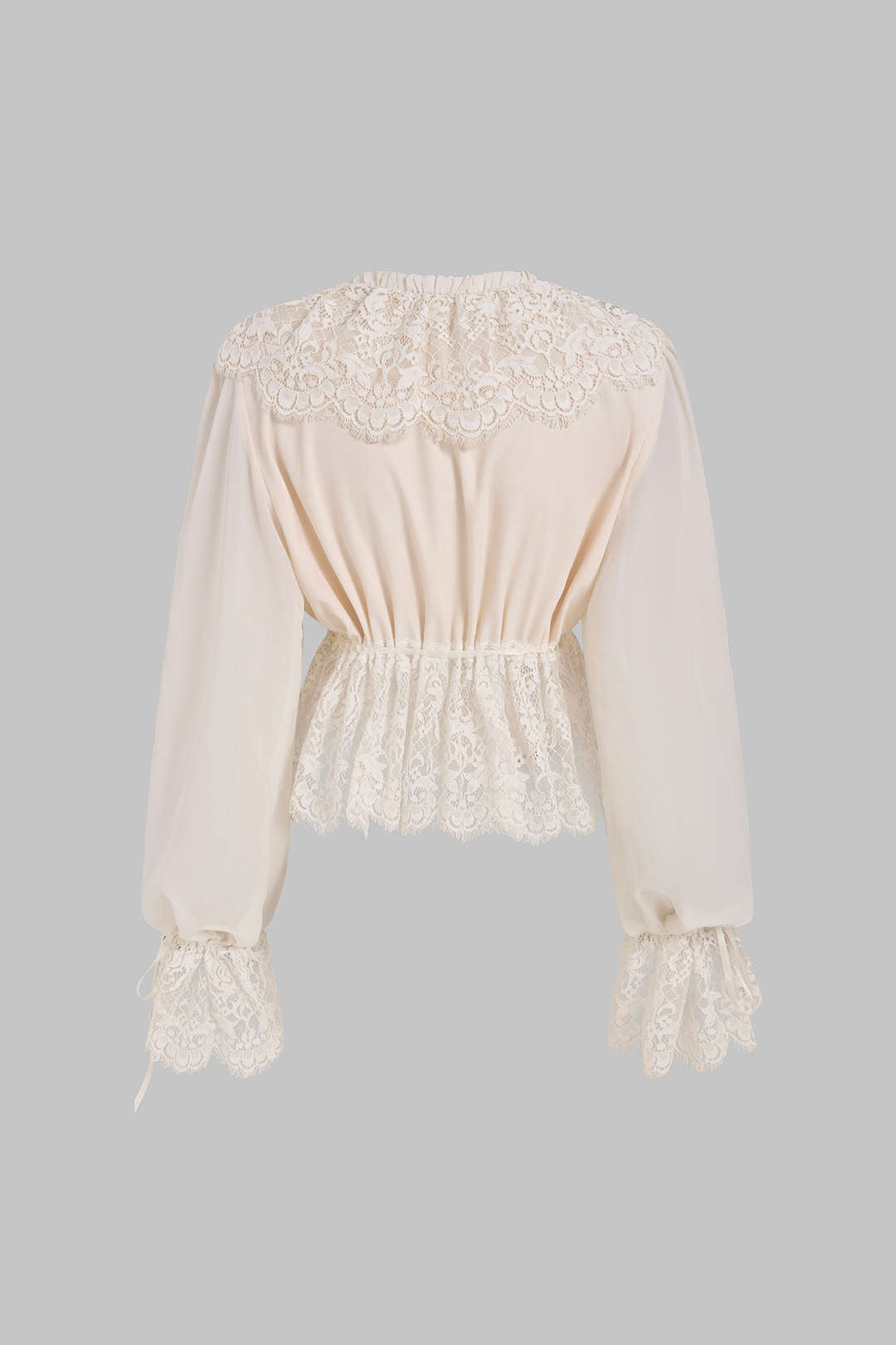 Chiffon Patchwork Lace Trim Drawstring Long Sleeve Shirt