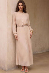 Chiffon Round Neck Belted Pleated Long Sleeve Midi Dress