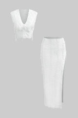 Distressed V-neck Cap Sleeve Crop Top And Slit Maxi Skirt Set