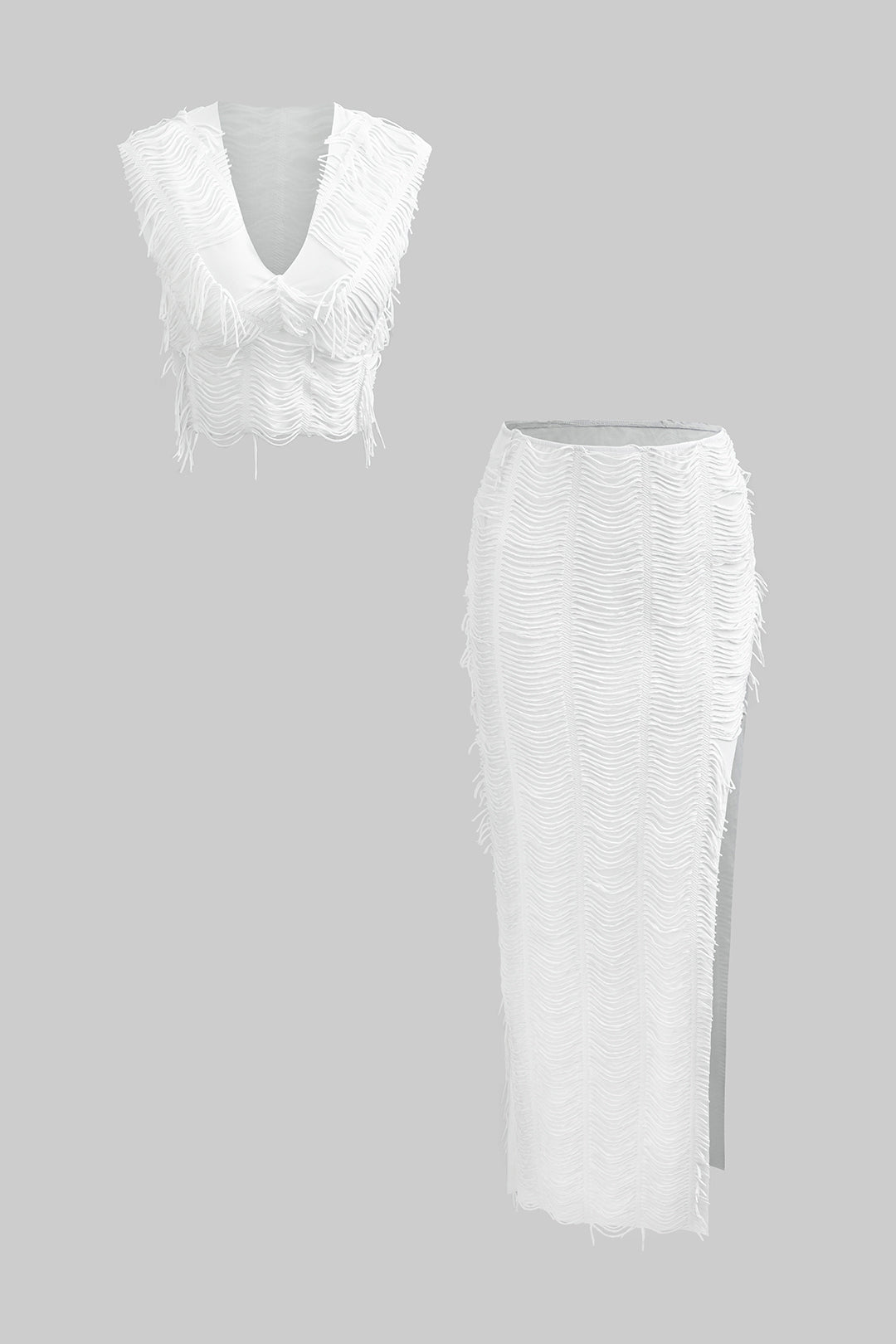 Distressed V-neck Cap Sleeve Crop Top And Slit Maxi Skirt Set