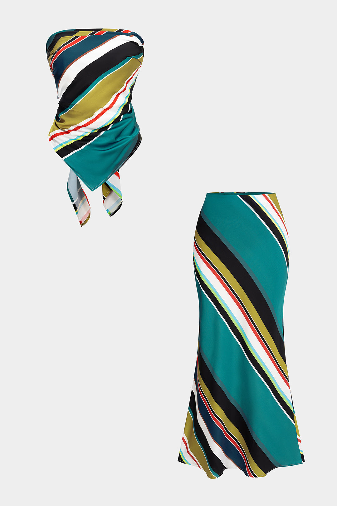 Contrast Stripes Print Satin Tie Back Tube Top And High Waist Skirt Set