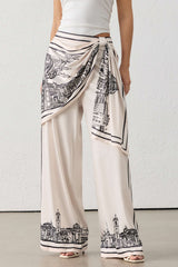Artistic Print Satin Ruched Asymmetrical Wide Leg Pants