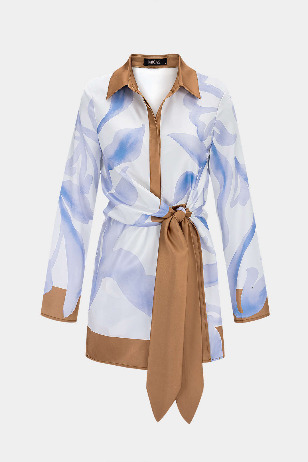 Contrast Leaves Print Satin Tie Front Long Sleeve Mini Dress
