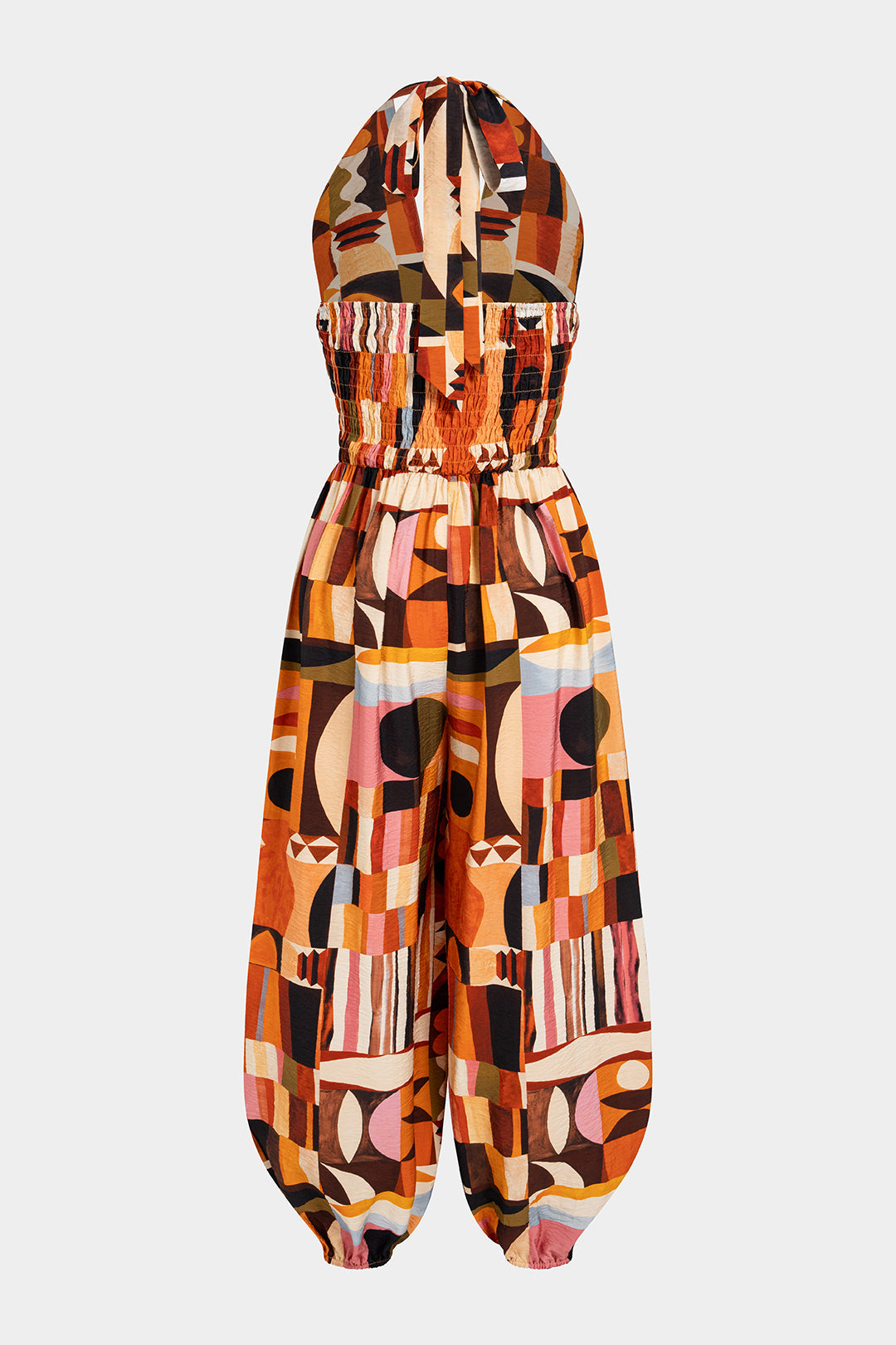 Colorblock Print Halter V-Neck Tie-Up Smocked Balloon Jumpsuit