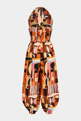 Colorblock Print Halter V-Neck Tie-Up Smocked Balloon Jumpsuit