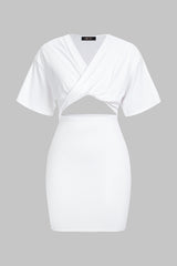Crossed V-Neck Cut Out Ruched Belted Short Sleeve Midi Dress