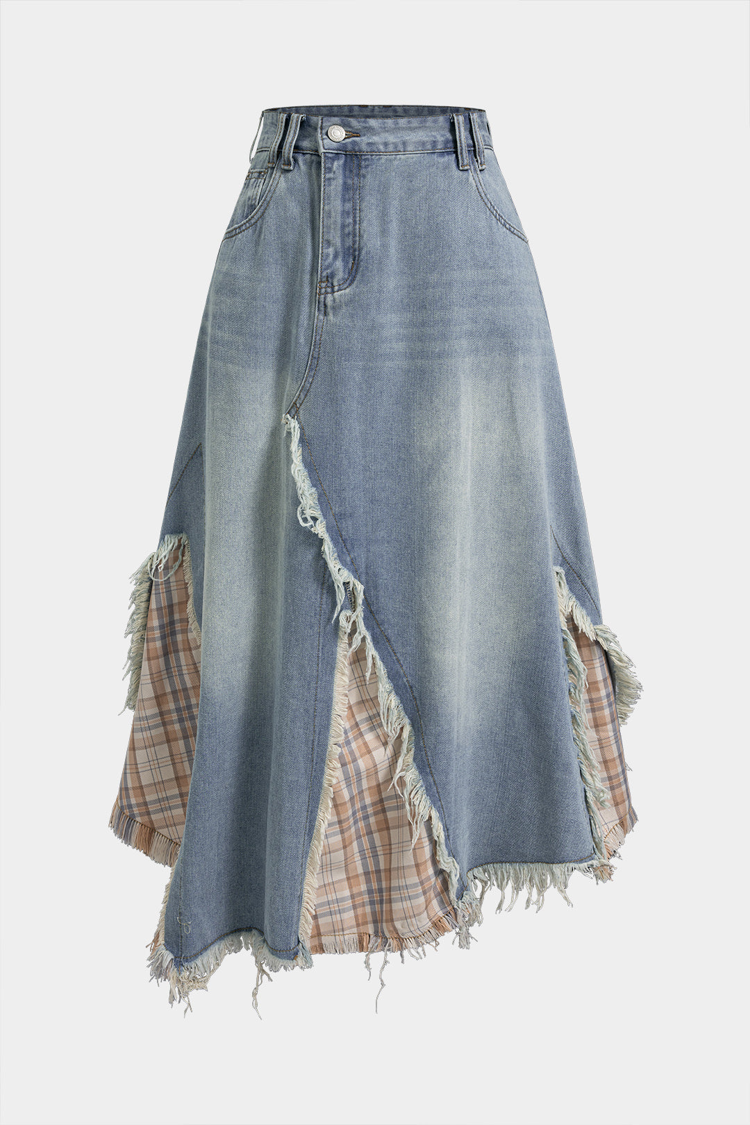 Denim Patchwork Plaid Print Ripped Asymmetrical Skirt