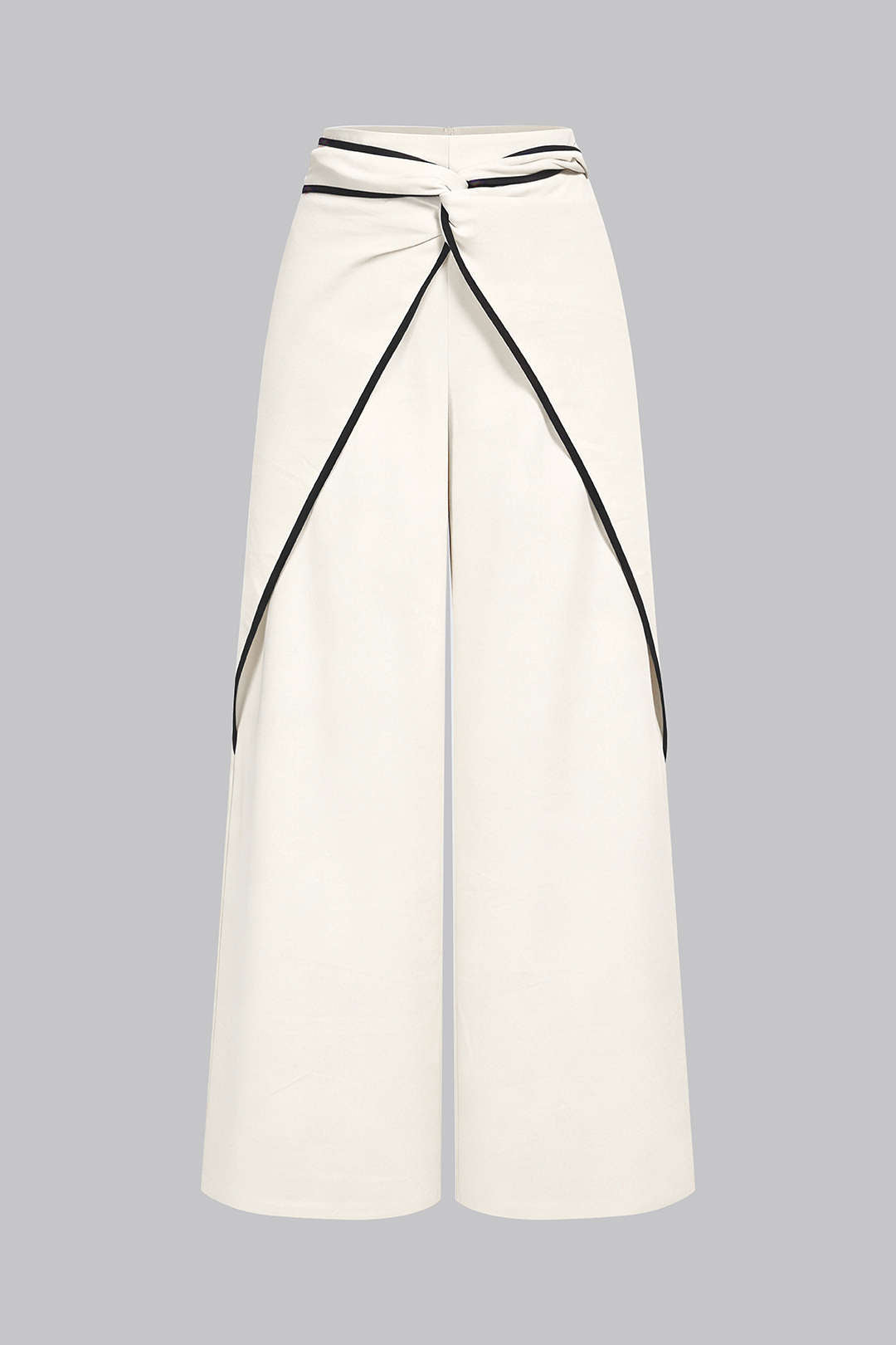 Contrast Binding Linen Ruched Twist Knot Wide Leg Pants