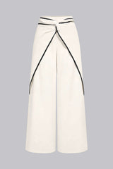 Contrast Binding Linen Ruched Twist Knot Wide Leg Pants