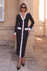 Contrast Trim V-Neck Button Long Sleeve Maxi Dress