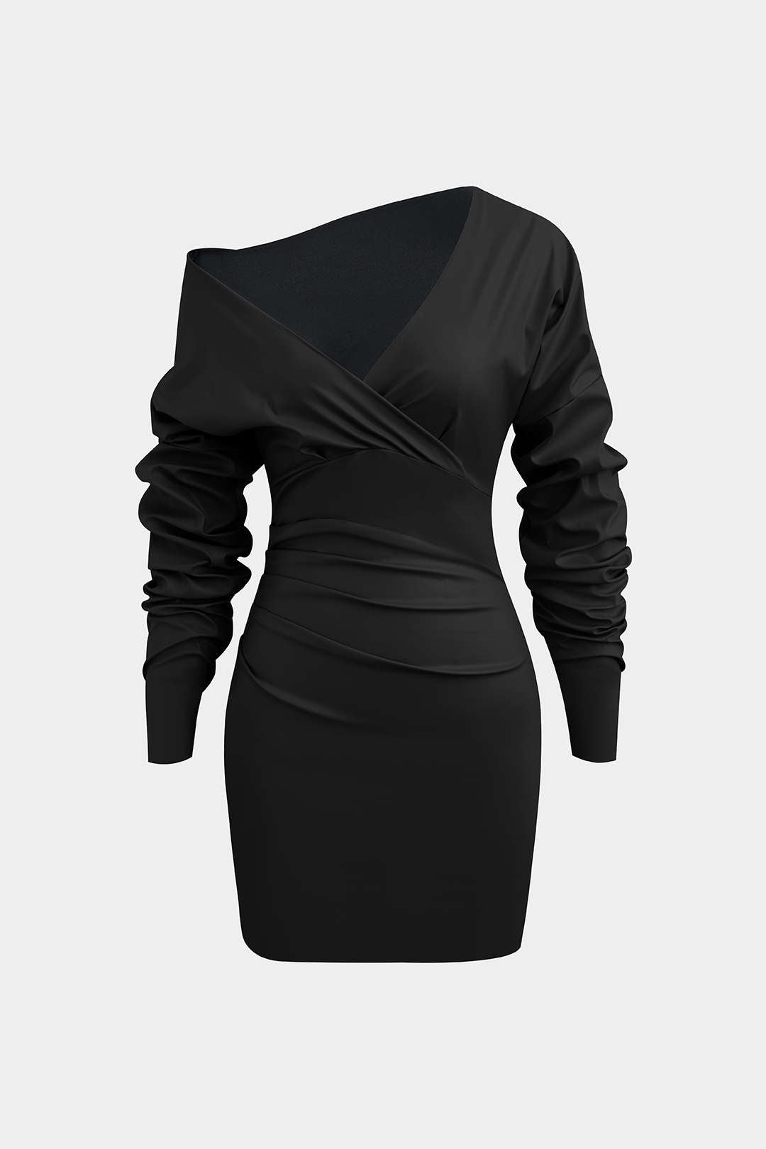 Asymmetric Faux Leather V-neck Gathered Mini Dress
