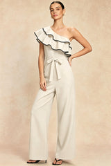 Contrast Binding One Shoulder Ruffle Belted Sleeveless Jumpsuit